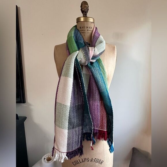 Vintage Multicolored Checked hand woven Silk blend Shawl, Scarf, wrap, - Picture 1 of 10
